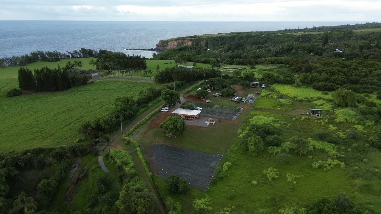 The pavilion and grounds on the green cliffs above the north-shore ocean