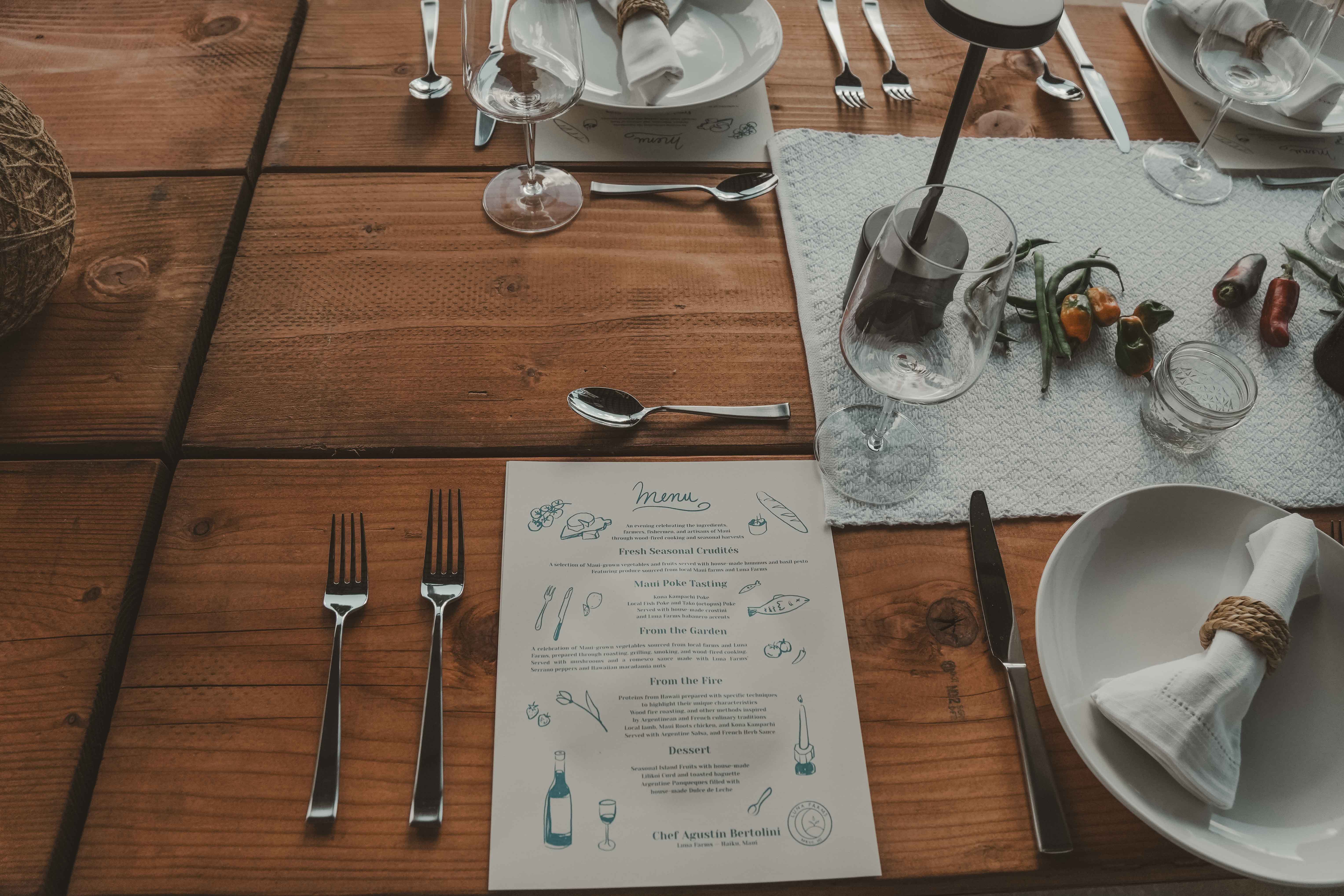 A place setting with a printed menu for the evening
