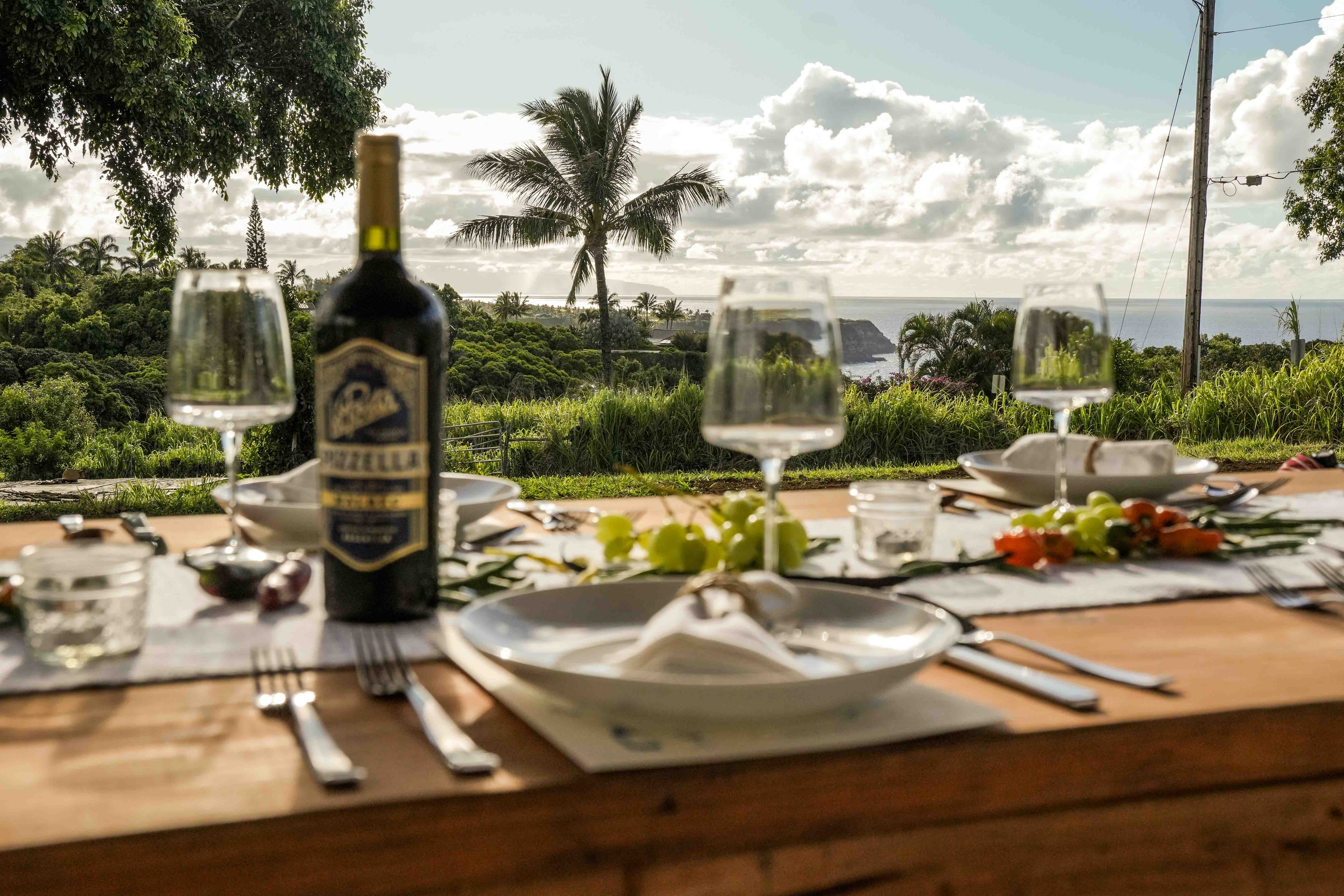 A farm-to-table tablescape with the ocean beyond
